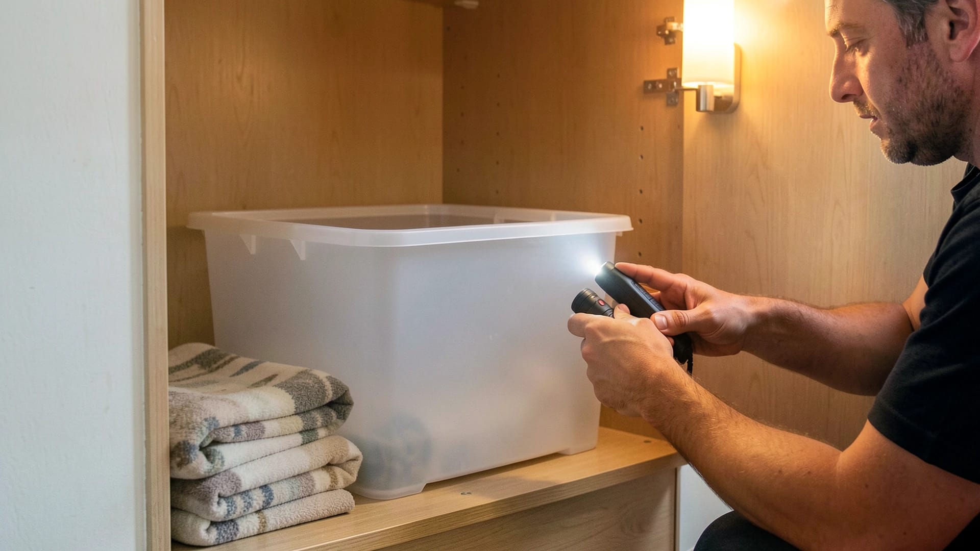 A man checks handheld lights beside a storage cupboard while a wall lamp remains on.