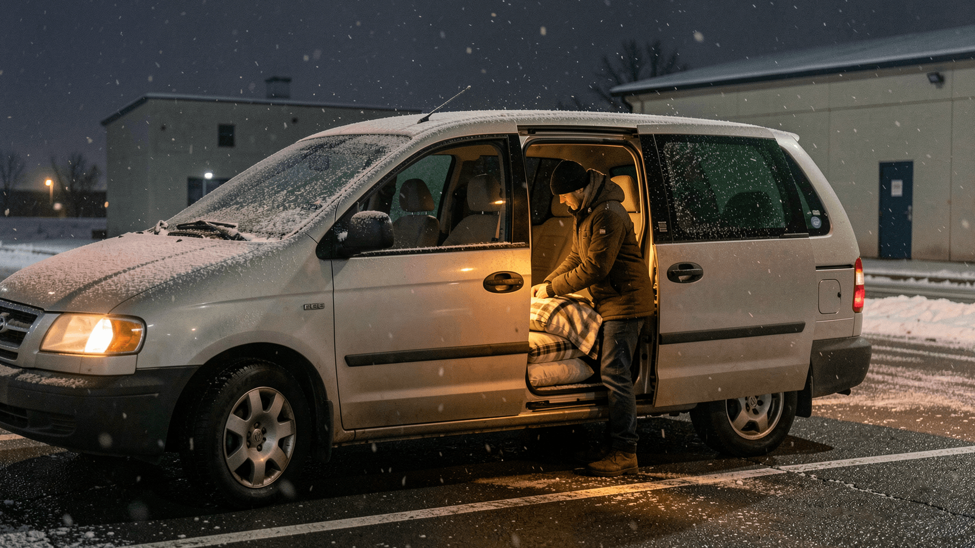 At night, a bundled traveler arranges a plaid blanket inside a parked minivan as snow falls.